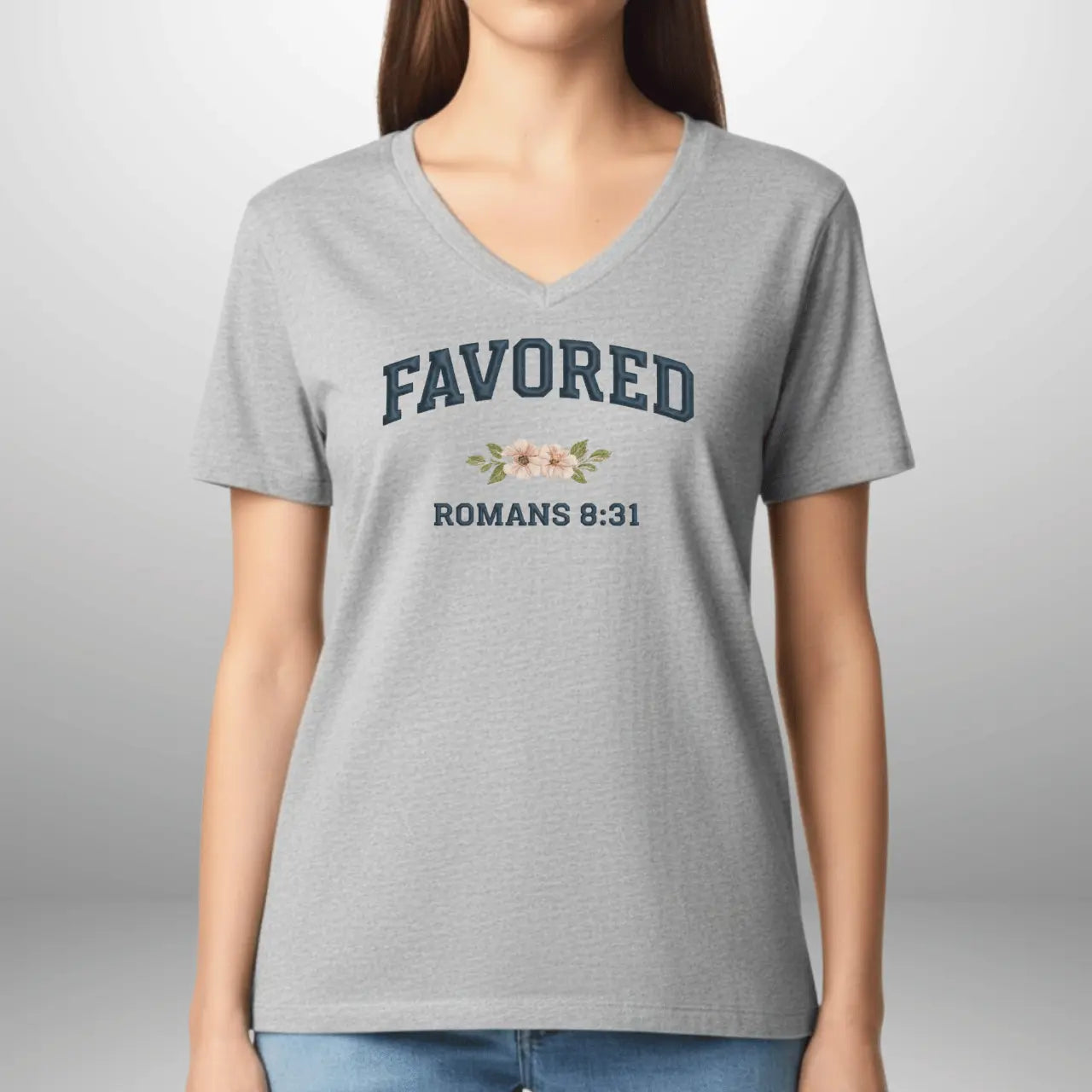 Favored Romans 8:31 Women’s Gildan 5V00L V-Neck T-Shirt | Faith-Inspired Everyday Tee Goshen & Selah Co