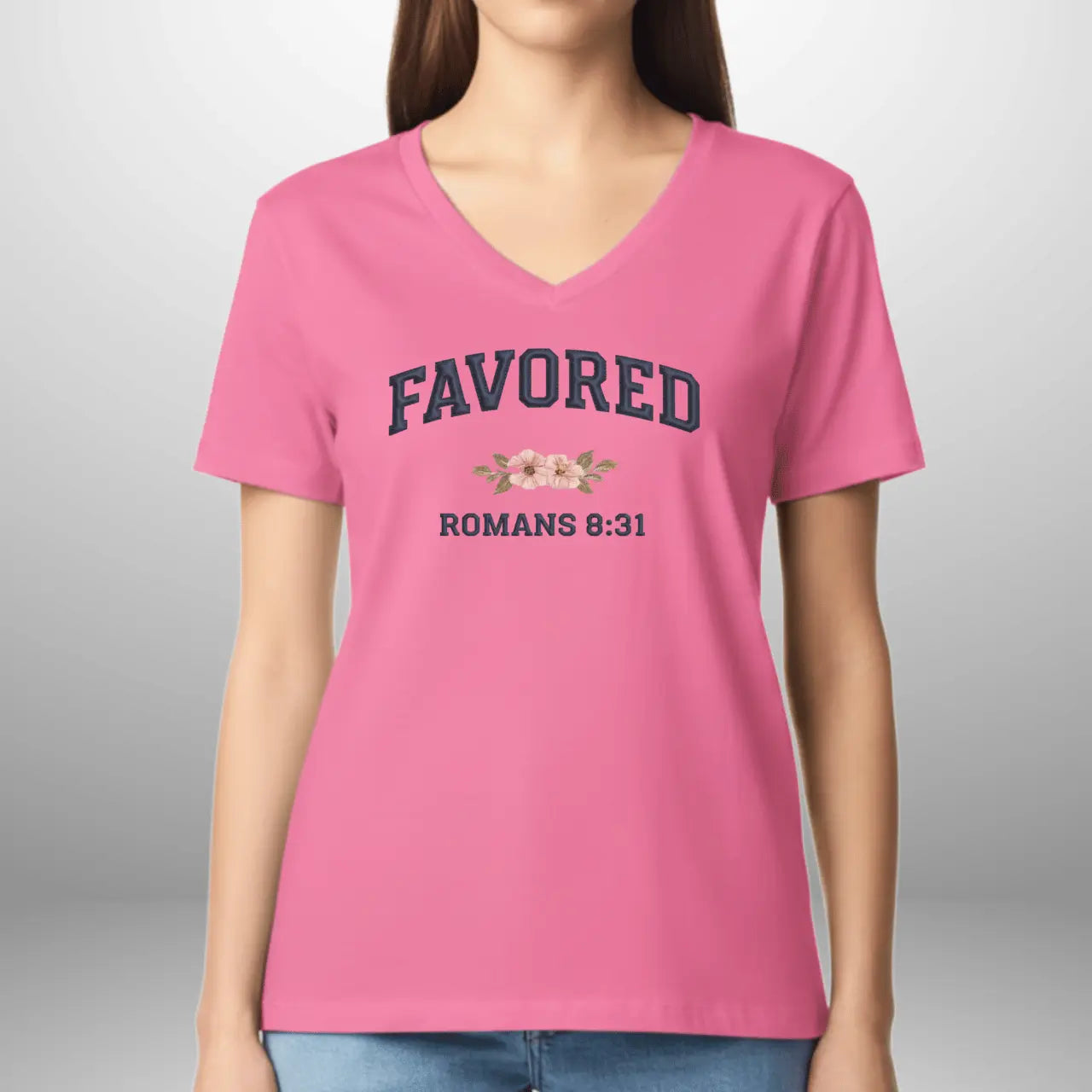 Favored Romans 8:31 Women’s Gildan 5V00L V-Neck T-Shirt | Faith-Inspired Everyday Tee Goshen & Selah Co