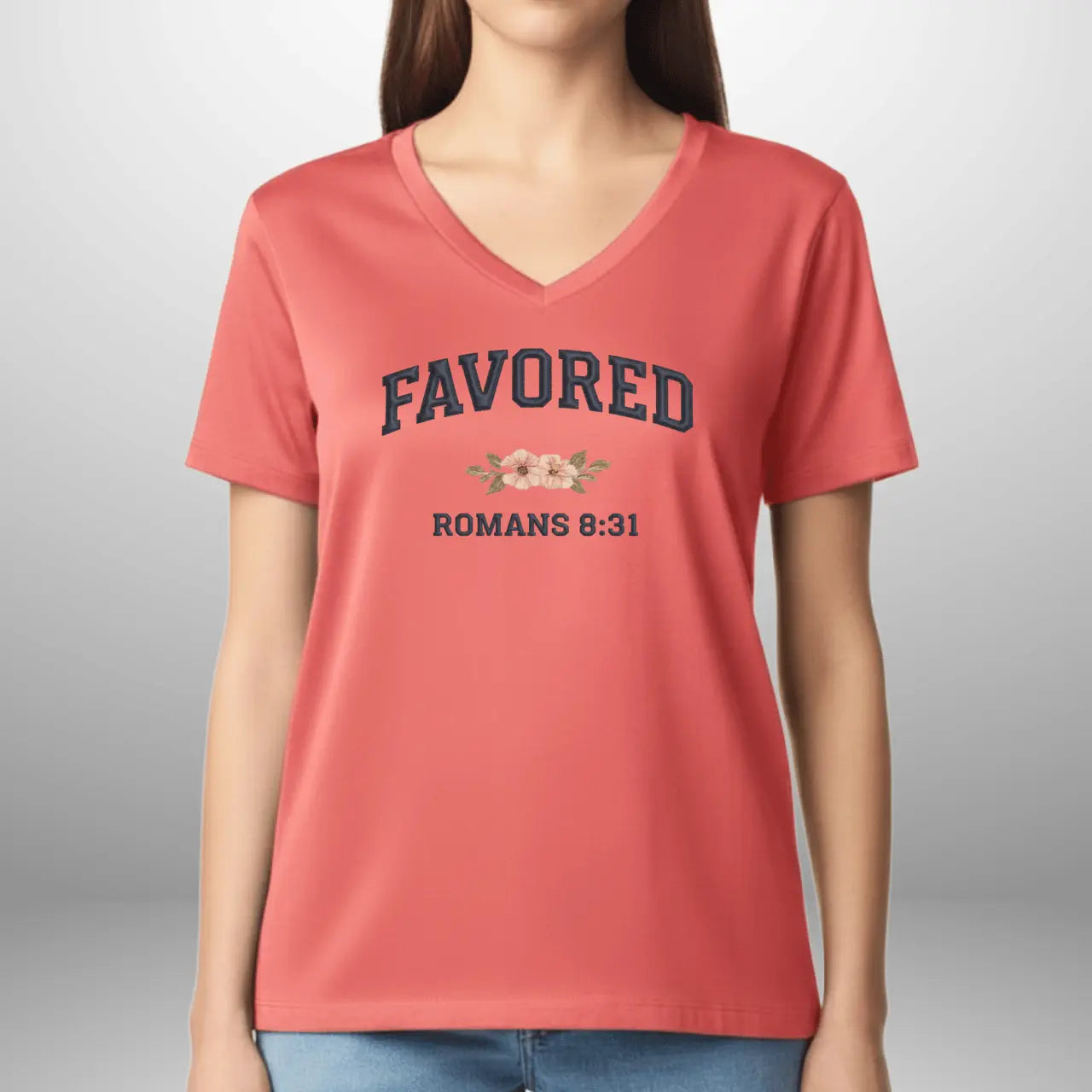 Favored Romans 8:31 Women’s Gildan 5V00L V-Neck T-Shirt | Faith-Inspired Everyday Tee Goshen & Selah Co