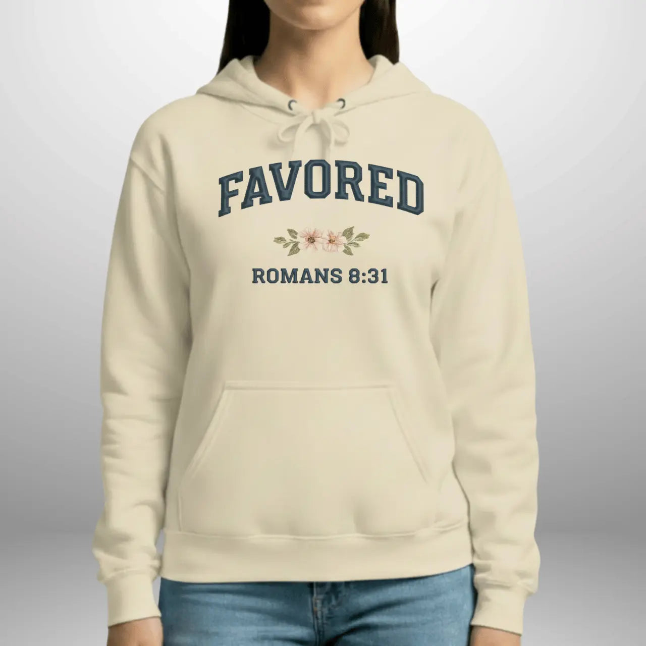 Favored Romans 8:31 Hoodie | Women's Gildan Pullover Sweatshirt Goshen & Selah Co