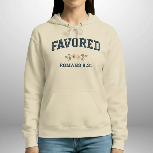 Favored Romans 8:31 Hoodie | Women's Gildan Pullover Sweatshirt Goshen & Selah Co