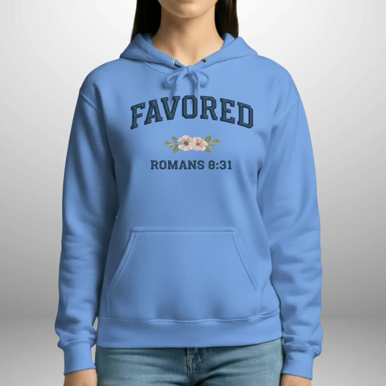 Favored Romans 8:31 Hoodie | Women's Gildan Pullover Sweatshirt Goshen & Selah Co