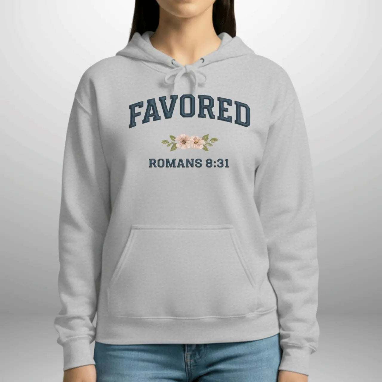 Favored Romans 8:31 Hoodie | Women's Gildan Pullover Sweatshirt Goshen & Selah Co