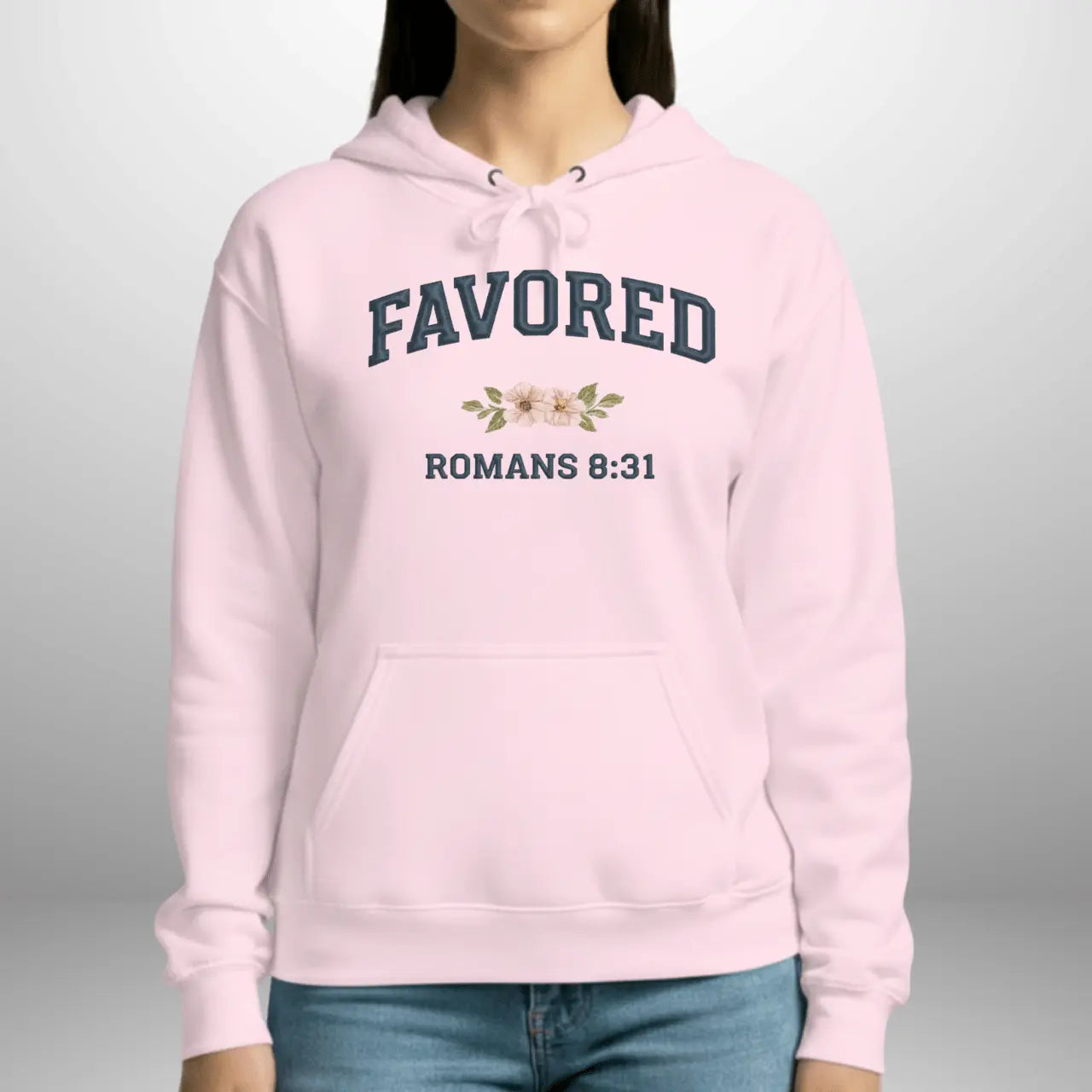 Favored Romans 8:31 Hoodie | Women's Gildan Pullover Sweatshirt Goshen & Selah Co
