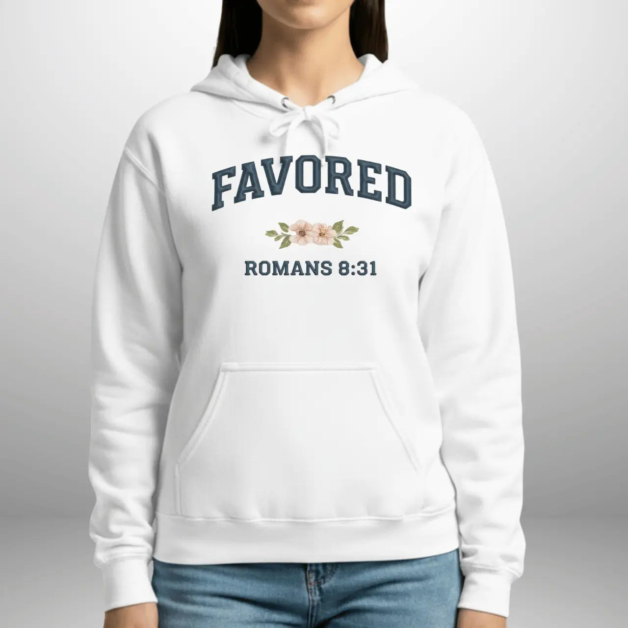 Favored Romans 8:31 Hoodie | Women's Gildan Pullover Sweatshirt Goshen & Selah Co