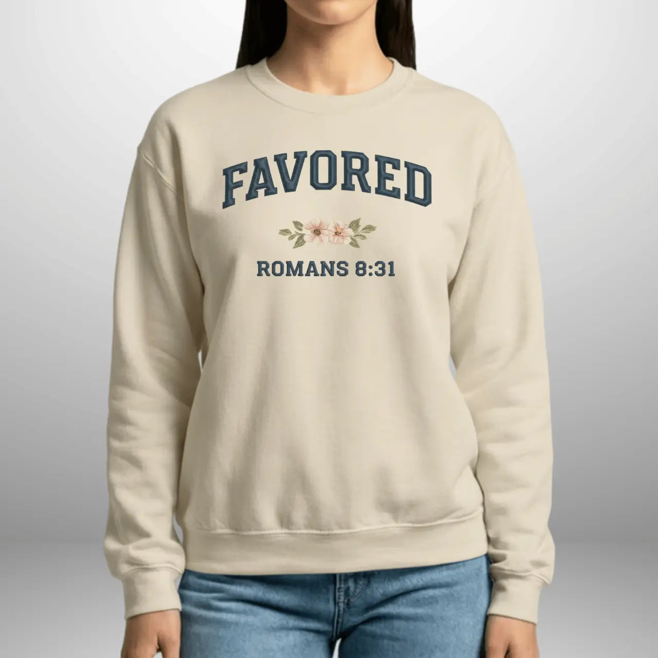 Favored Romans 8:31 Women’s Sweatshirt | Gildan 18000 Ladies Crewneck Goshen & Selah Co