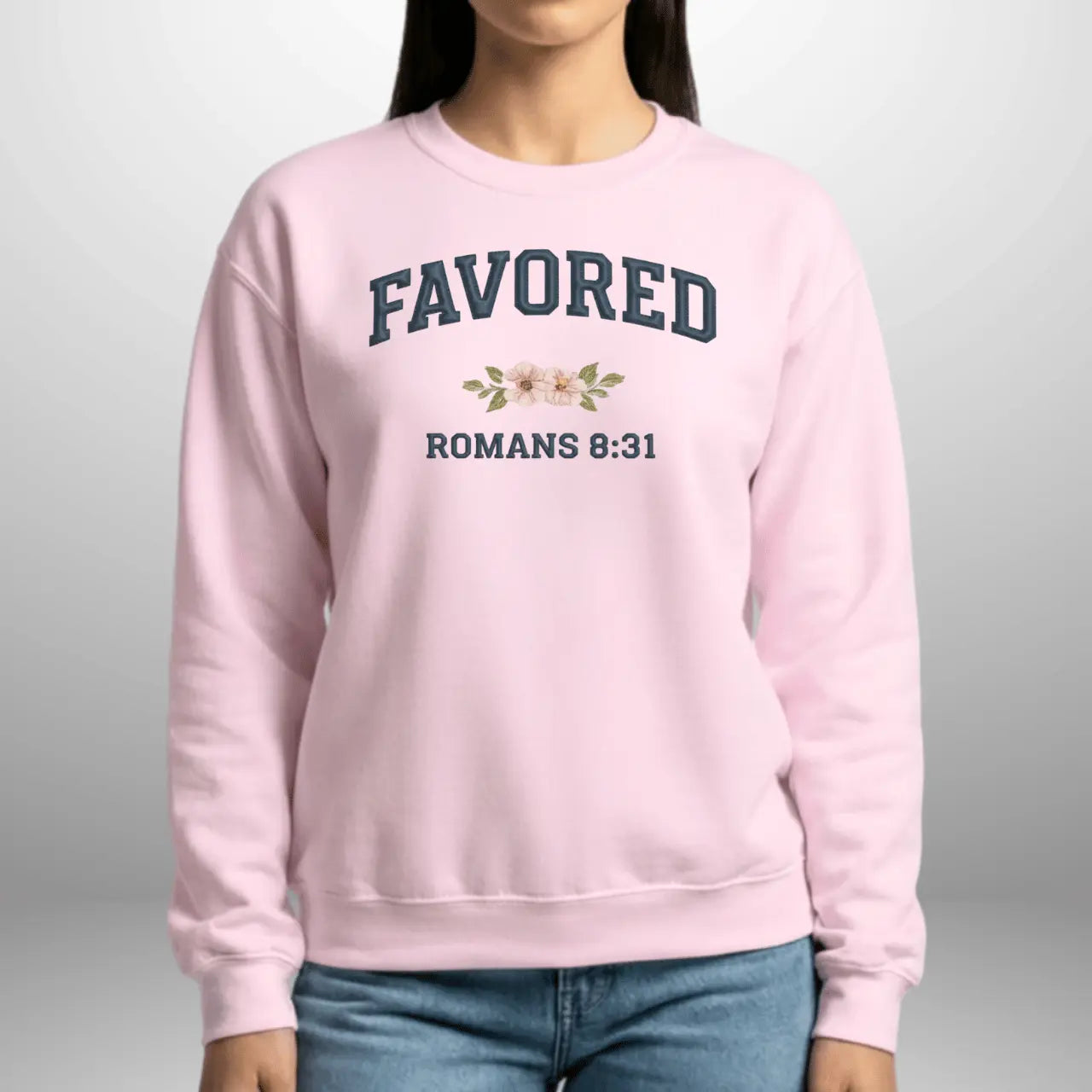 Favored Romans 8:31 Women’s Sweatshirt | Gildan 18000 Ladies Crewneck Goshen & Selah Co