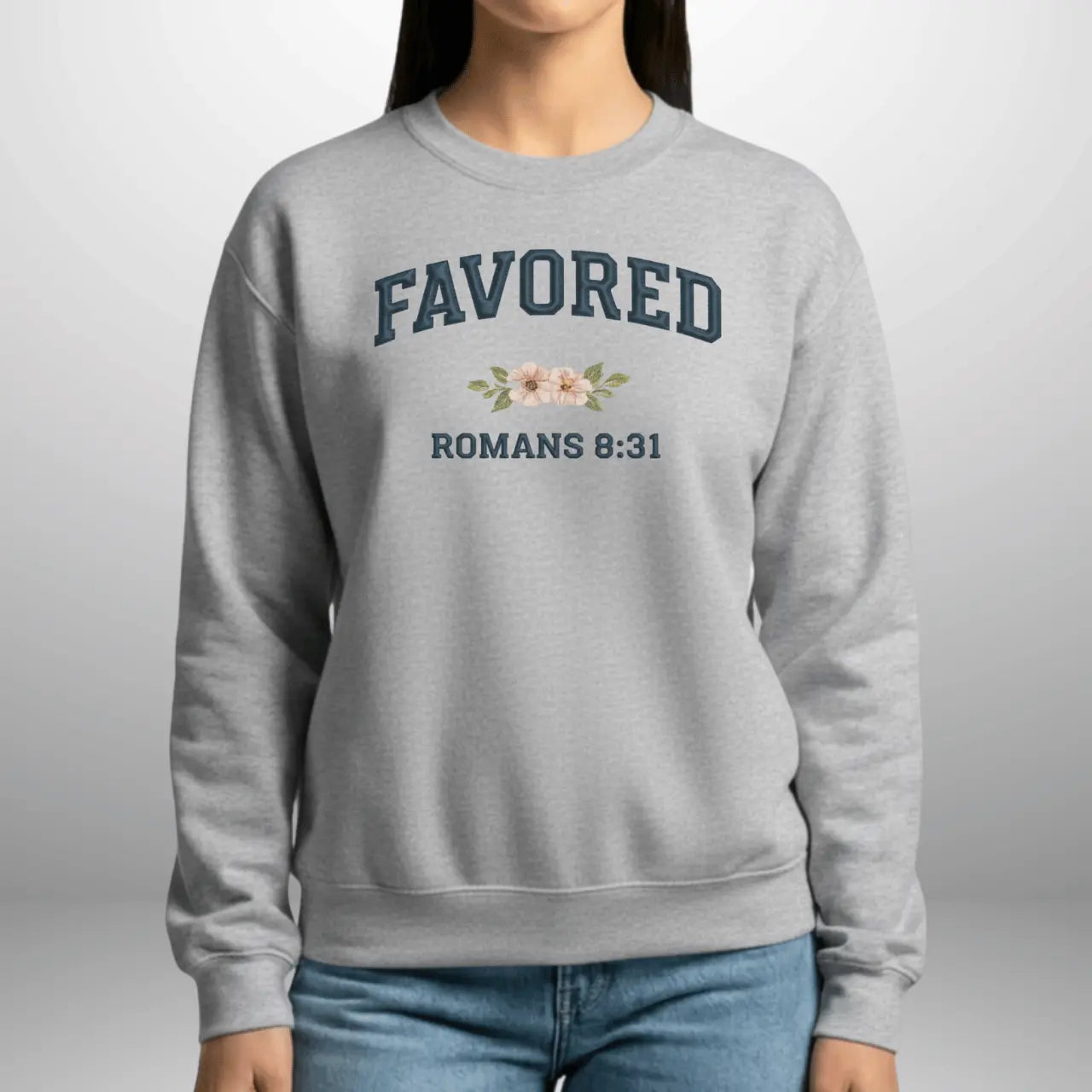 Favored Romans 8:31 Women’s Sweatshirt | Gildan 18000 Ladies Crewneck Goshen & Selah Co