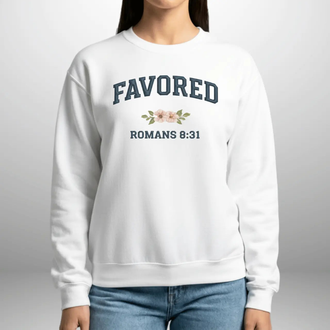 Favored Romans 8:31 Women’s Sweatshirt | Gildan 18000 Ladies Crewneck Goshen & Selah Co