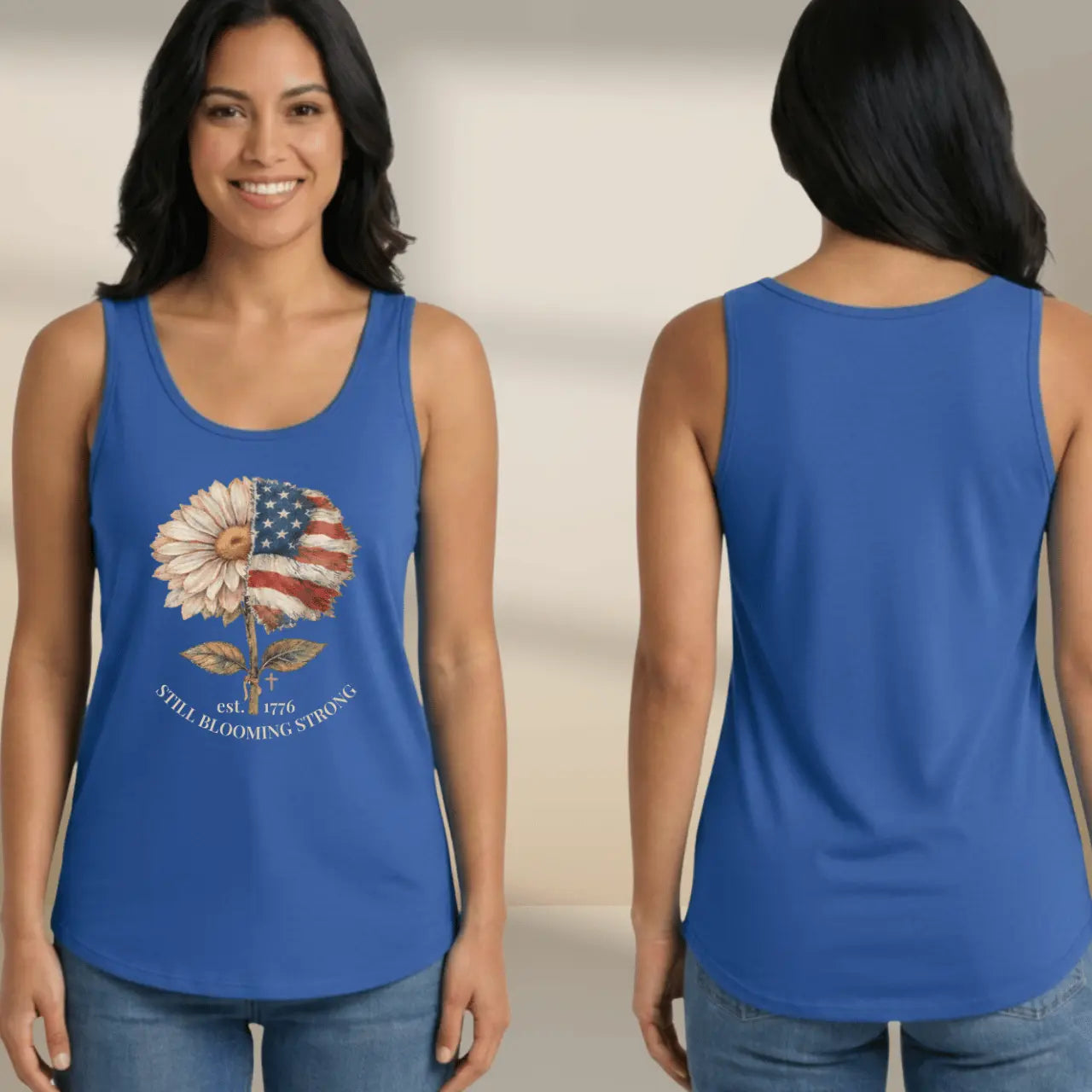 Still Blooming Strong 1776 Patriotic Daisy-American Flag Women’s Cotton Tank Top Goshen & Selah Co