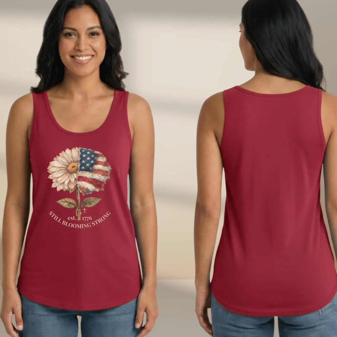 Still Blooming Strong 1776 Patriotic Daisy-American Flag Women’s Cotton Tank Top Goshen & Selah Co