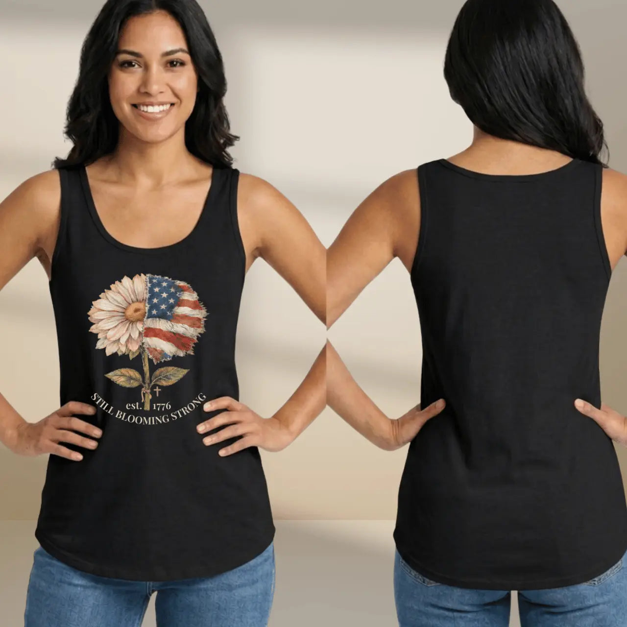 Still Blooming Strong 1776 Patriotic Daisy-American Flag Women’s Cotton Tank Top Goshen & Selah Co