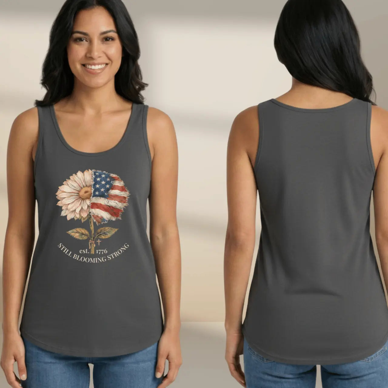Still Blooming Strong 1776 Patriotic Daisy-American Flag Women’s Cotton Tank Top Goshen & Selah Co