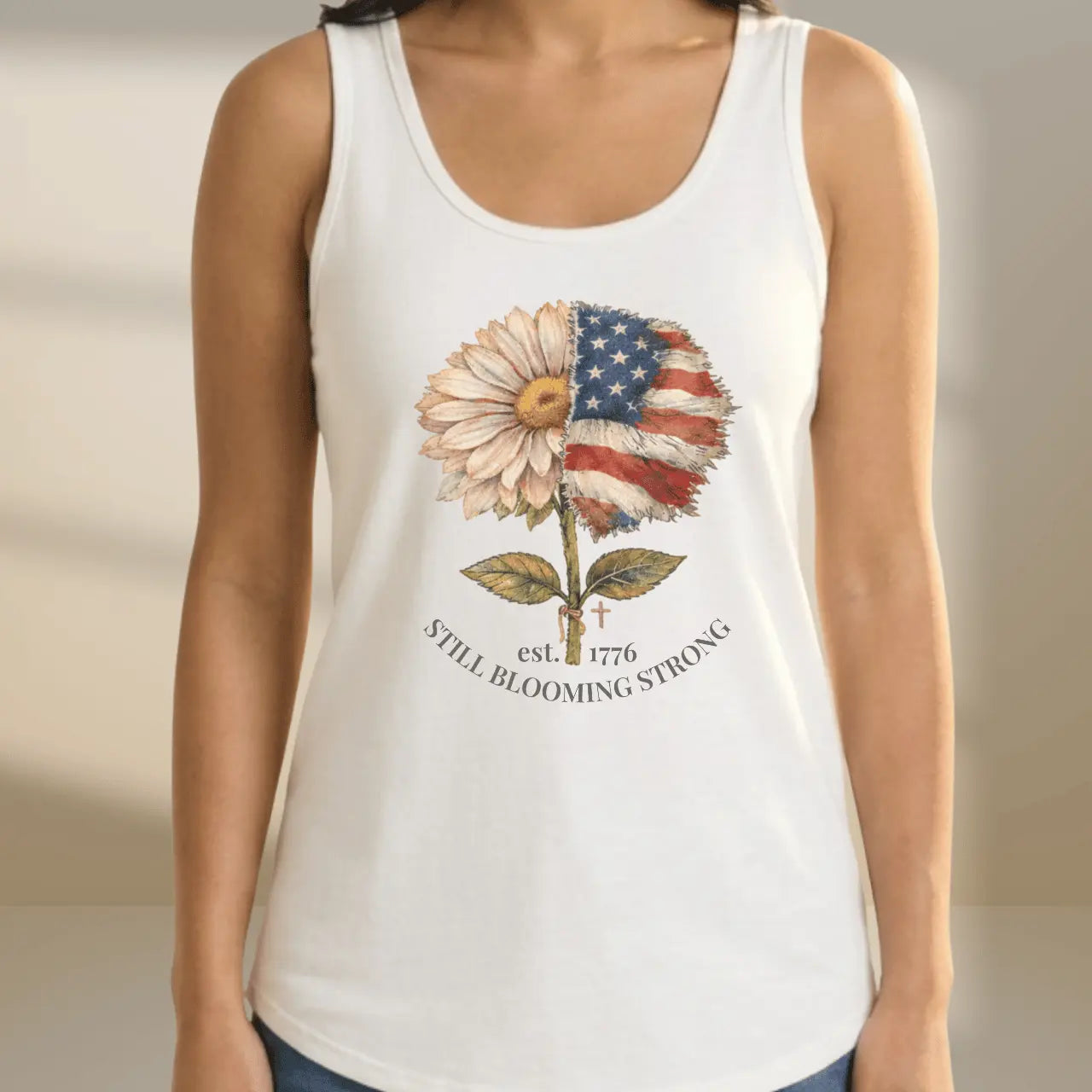 Still Blooming Strong 1776 Patriotic Daisy-American Flag Women’s Cotton Tank Top Goshen & Selah Co