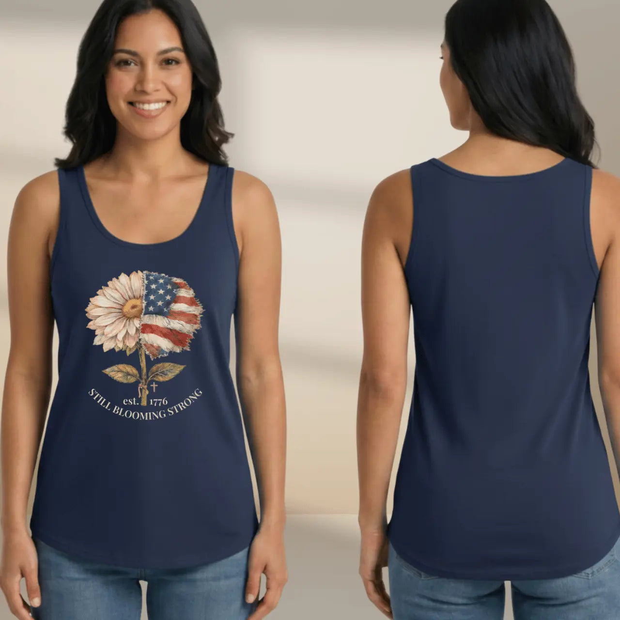 Still Blooming Strong 1776 Patriotic Daisy-American Flag Women’s Cotton Tank Top Goshen & Selah Co