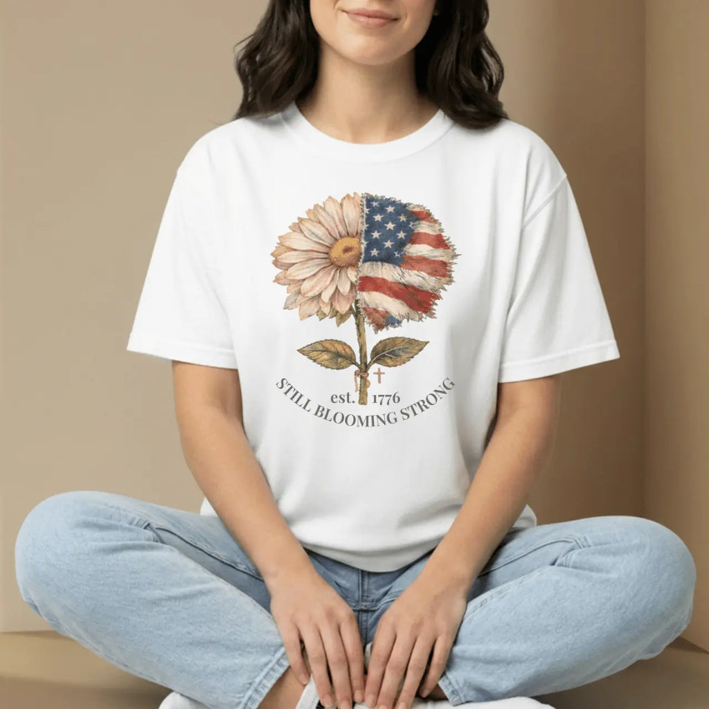 Still Blooming Strong 1776  Patriotic Daisy-American Flag Comfort Colors Tee Goshen & Selah Co