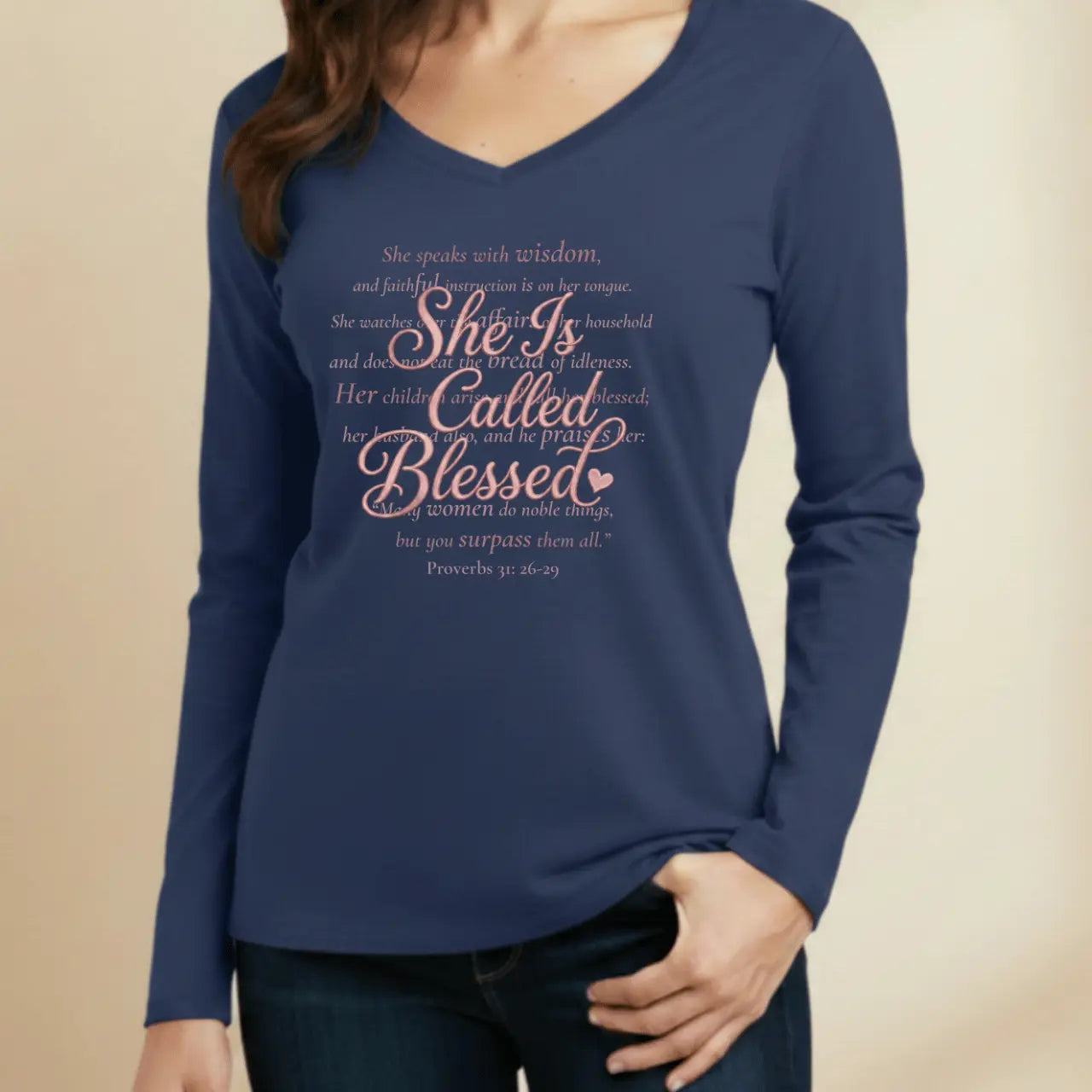 She Is Called Blessed Women’s Long Sleeve V-Neck Tee Goshen & Selah Co