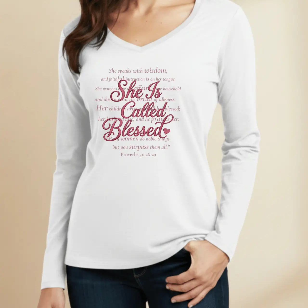 She Is Called Blessed Women’s Long Sleeve V-Neck Tee Goshen & Selah Co