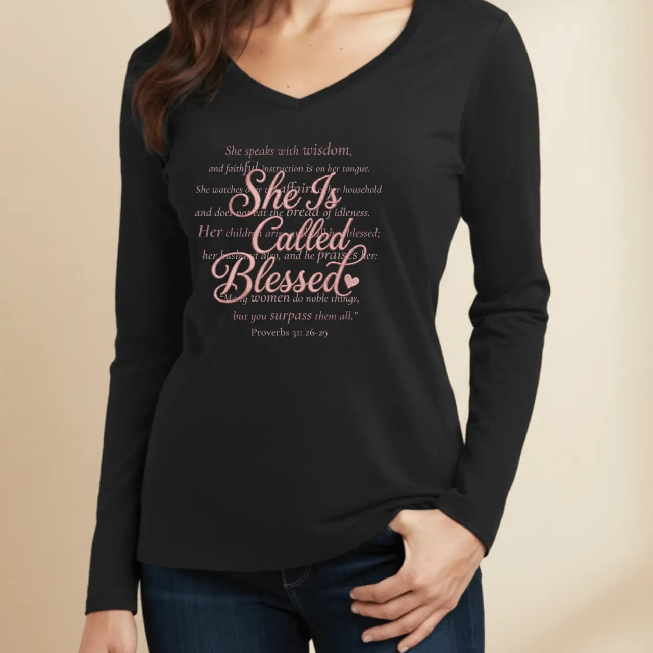 She Is Called Blessed Women’s Long Sleeve V-Neck Tee Goshen & Selah Co