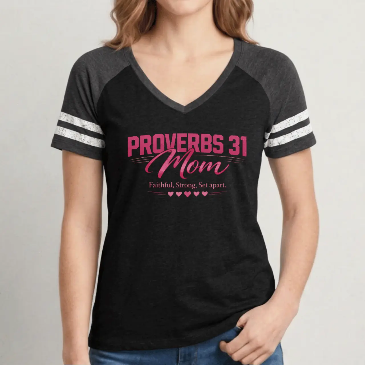 Proverbs 31 Mom Game V-Neck Tee | Women’s Sporty Shirt Goshen & Selah Co
