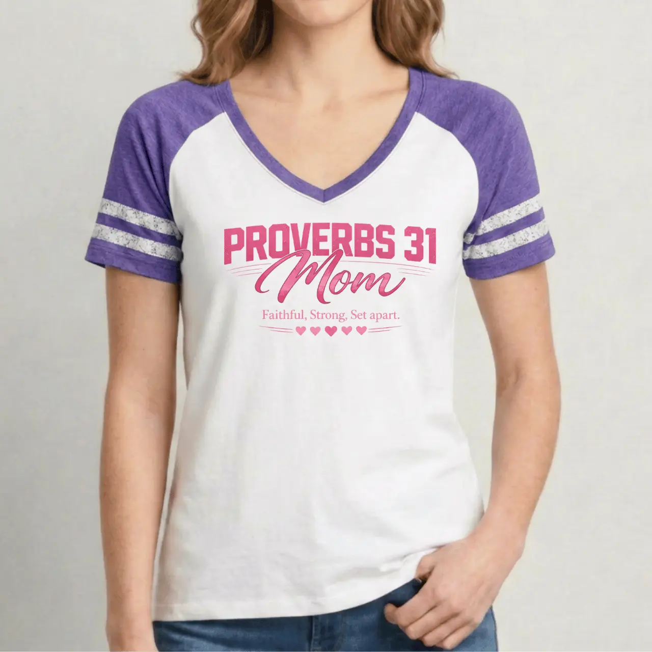 Proverbs 31 Mom Game V-Neck Tee | Women’s Sporty Shirt Goshen & Selah Co