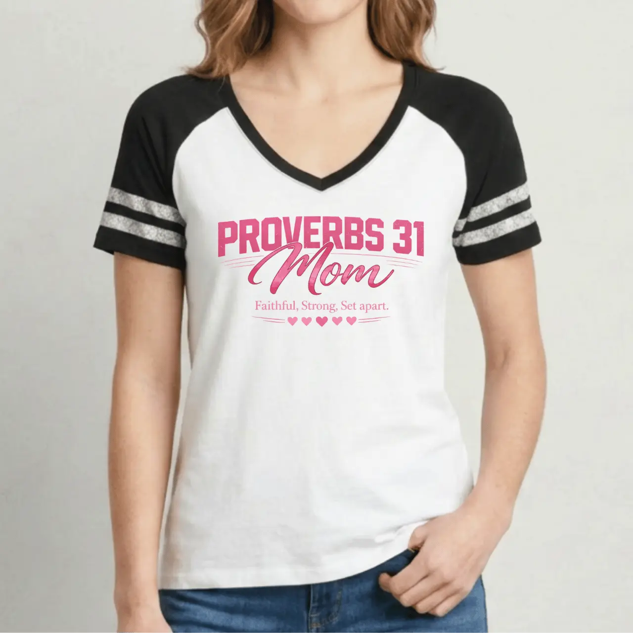 Proverbs 31 Mom Game V-Neck Tee | Women’s Sporty Shirt Goshen & Selah Co