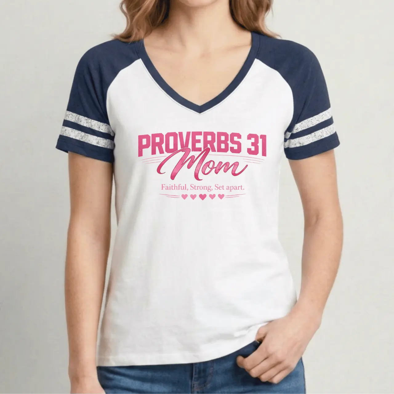 Proverbs 31 Mom Game V-Neck Tee | Women’s Sporty Shirt Goshen & Selah Co
