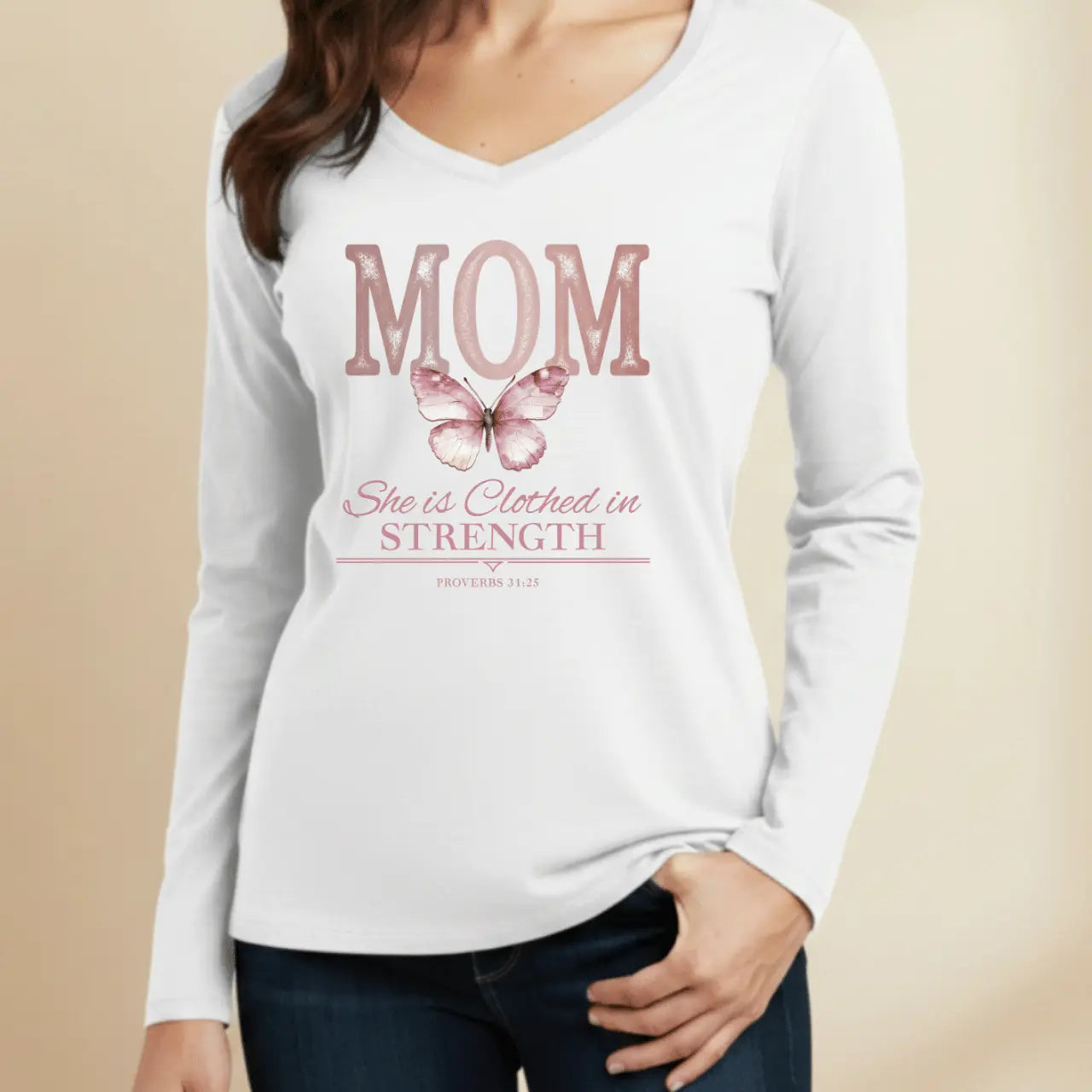 Mom She Is Clothed in Strength Long Sleeve  V-Neck Tee | Proverbs 31:25 Goshen & Selah Co