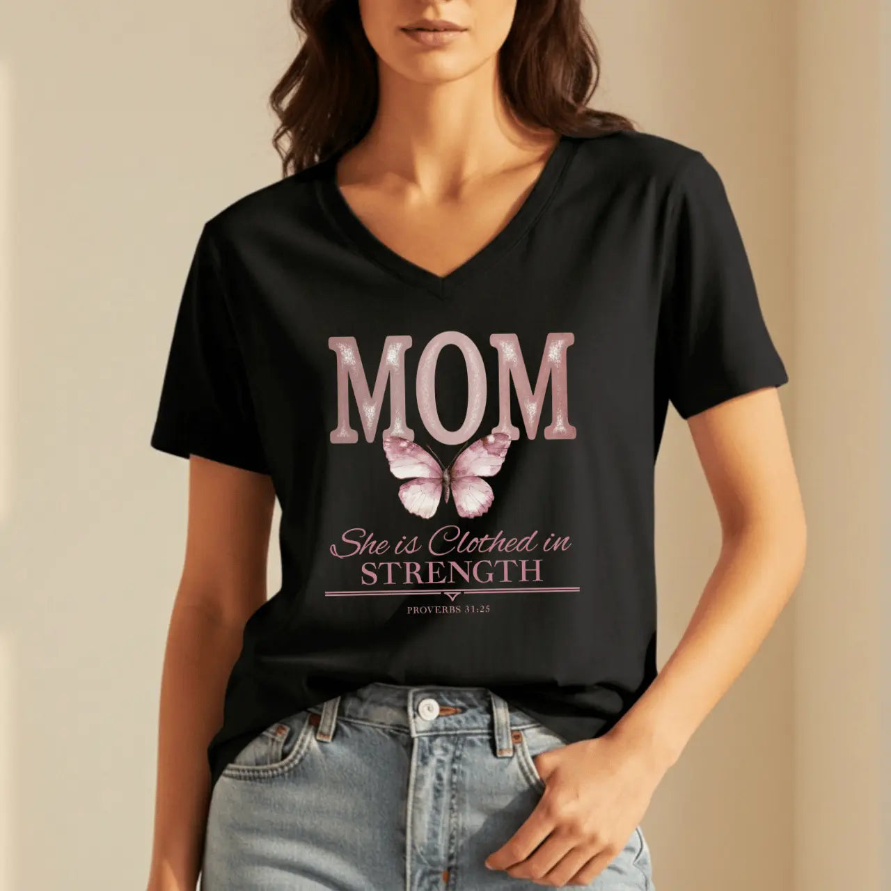 Mom She Is Clothed in Strength V-Neck Tee | Proverbs 31:25 Goshen & Selah Co
