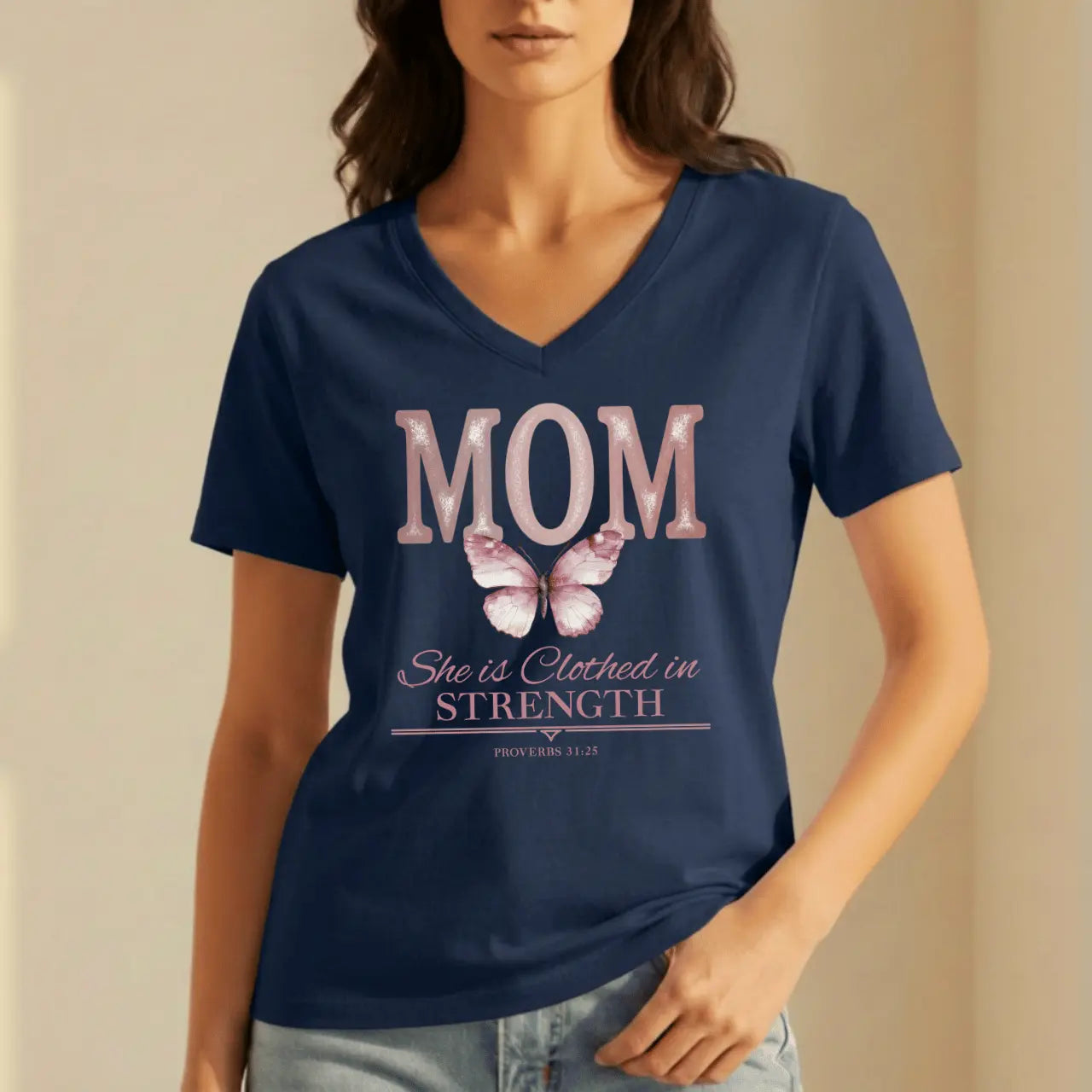 Mom She Is Clothed in Strength V-Neck Tee | Proverbs 31:25 Goshen & Selah Co