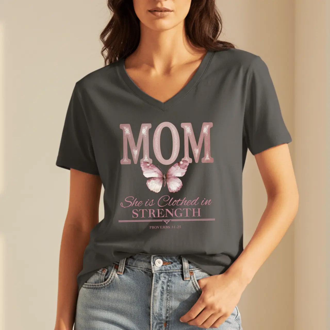 Mom She Is Clothed in Strength V-Neck Tee | Proverbs 31:25 Goshen & Selah Co