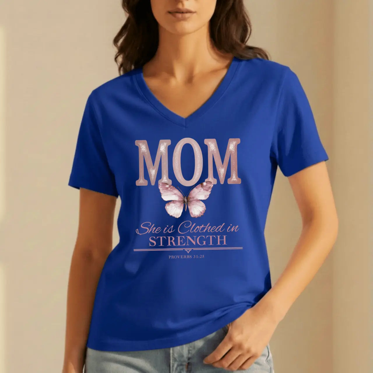 Mom She Is Clothed in Strength V-Neck Tee | Proverbs 31:25 Goshen & Selah Co