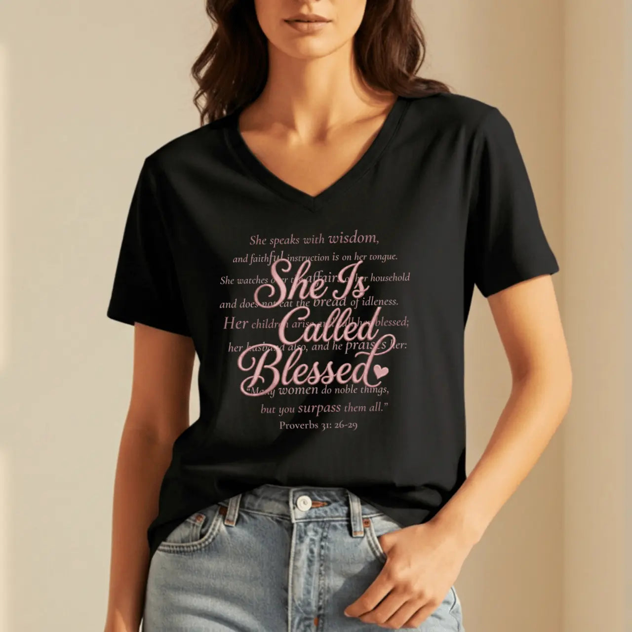 She Is Called Blessed V-Neck Tee | Proverbs 31 Women’s Shirt Goshen & Selah Co