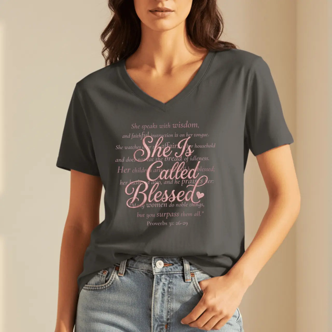 She Is Called Blessed V-Neck Tee | Proverbs 31 Women’s Shirt Goshen & Selah Co