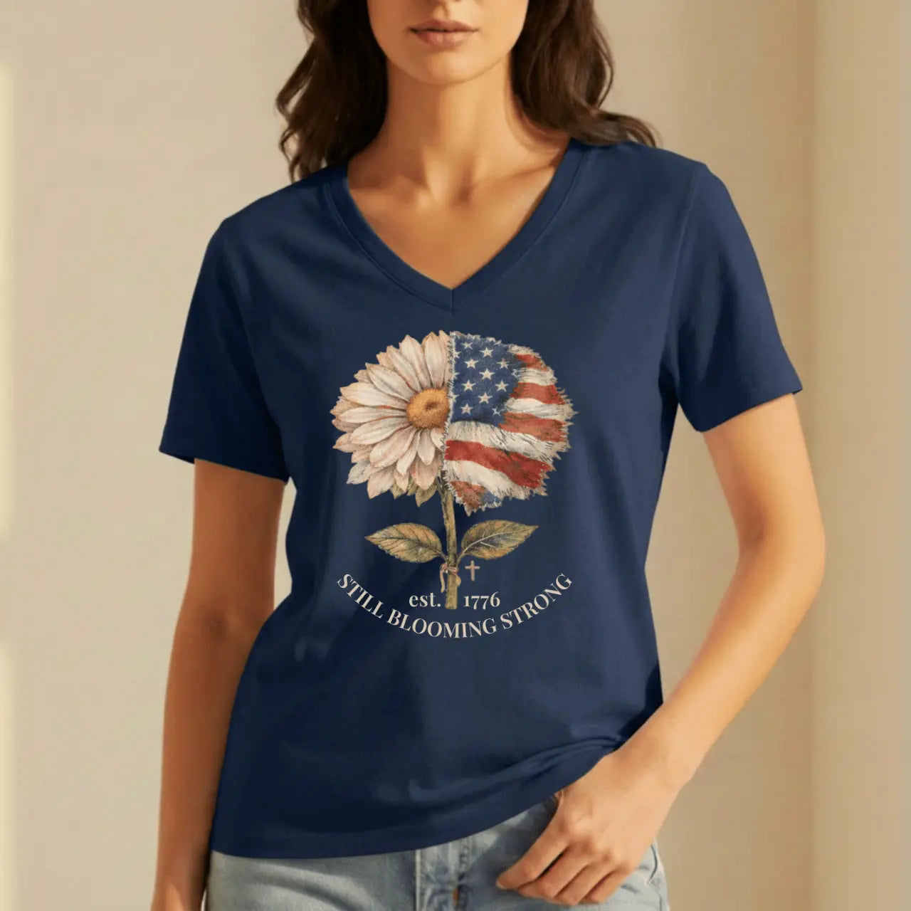 Still Blooming Strong 1776 Patriotic Daisy-American Flag Women’s V-Neck Tee Goshen & Selah Co