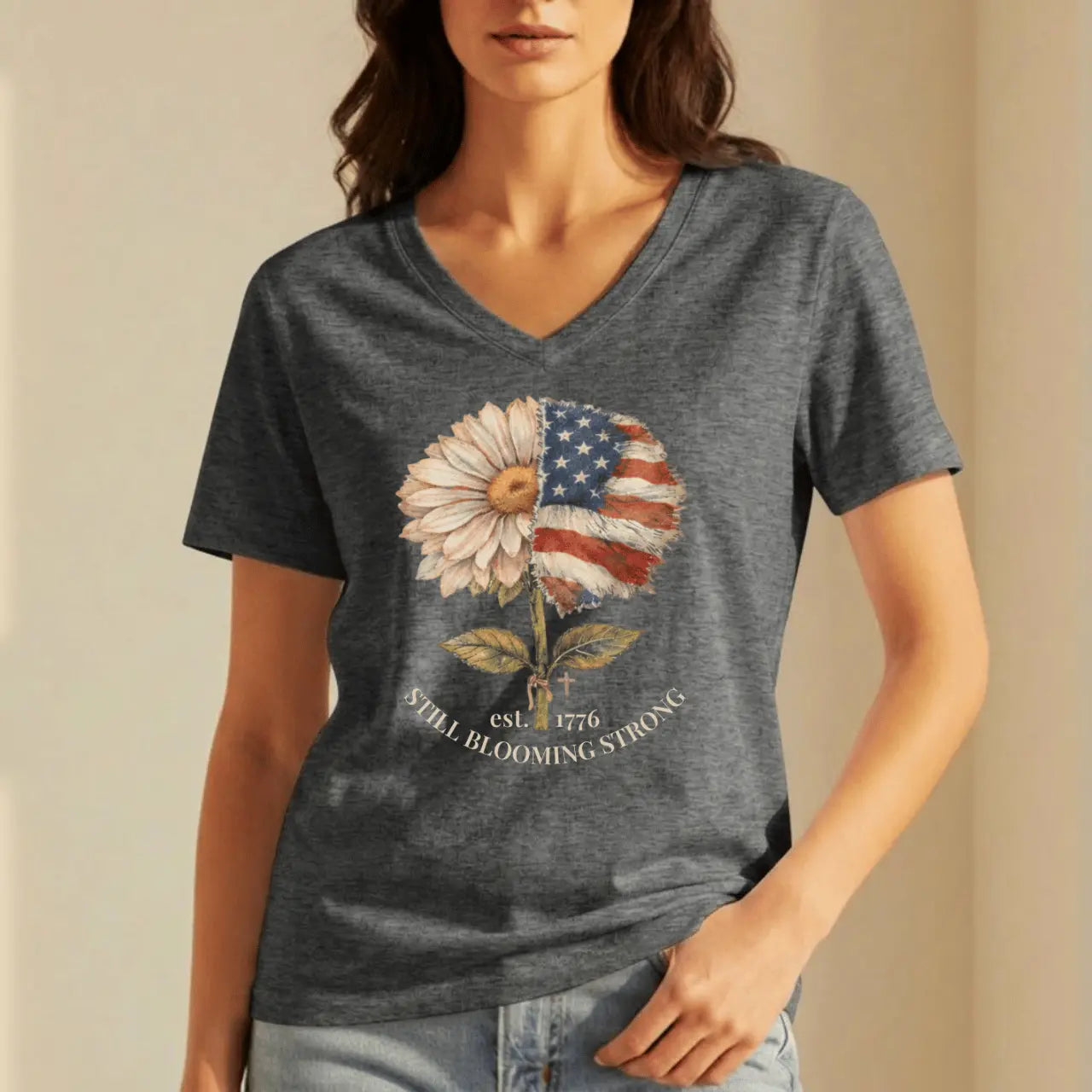Still Blooming Strong 1776 Patriotic Daisy-American Flag Women’s V-Neck Tee Goshen & Selah Co