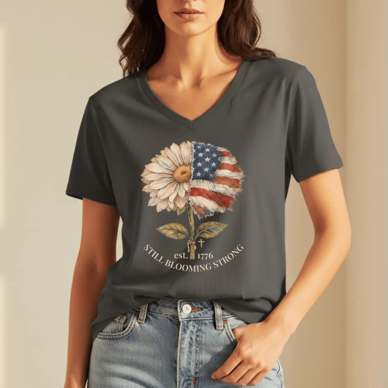 Still Blooming Strong 1776 Patriotic Daisy-American Flag Women’s V-Neck Tee Goshen & Selah Co