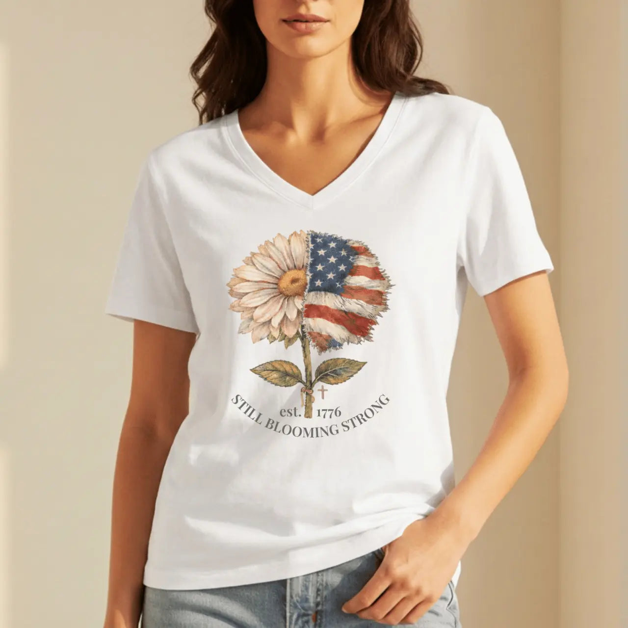 Still Blooming Strong 1776 Patriotic Daisy-American Flag Women’s V-Neck Tee Goshen & Selah Co