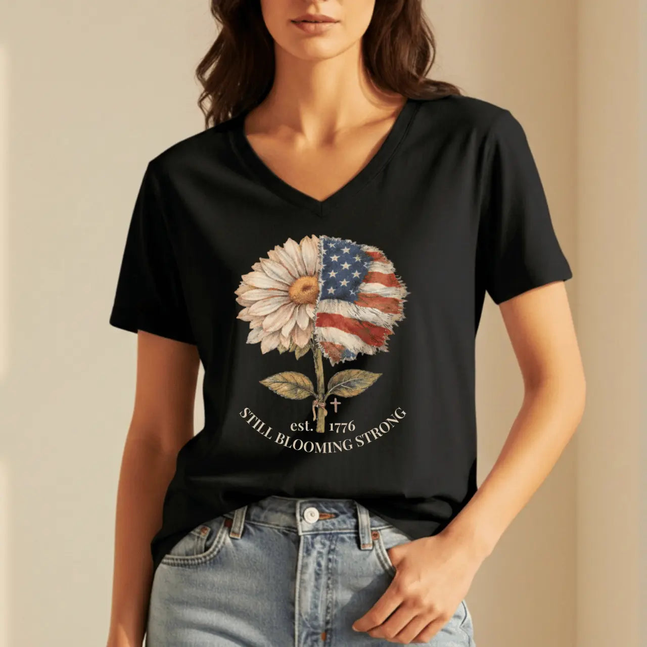 Still Blooming Strong 1776 Patriotic Daisy-American Flag Women’s V-Neck Tee Goshen & Selah Co