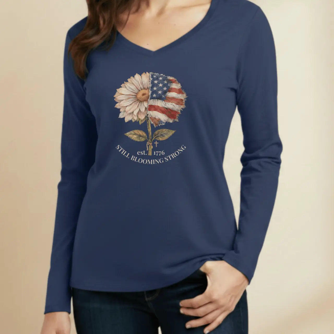 Still Blooming Strong 1776 Women’s Long Sleeve V-Neck Tee Goshen & Selah Co