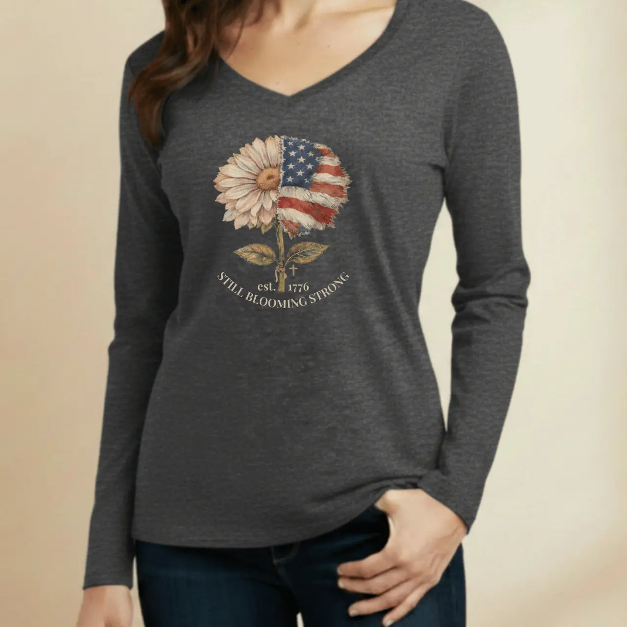 Still Blooming Strong 1776 Women’s Long Sleeve V-Neck Tee Goshen & Selah Co
