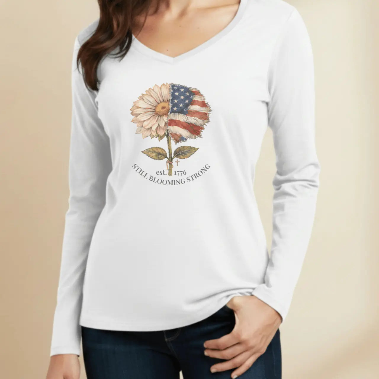 Still Blooming Strong 1776 Women’s Long Sleeve V-Neck Tee Goshen & Selah Co