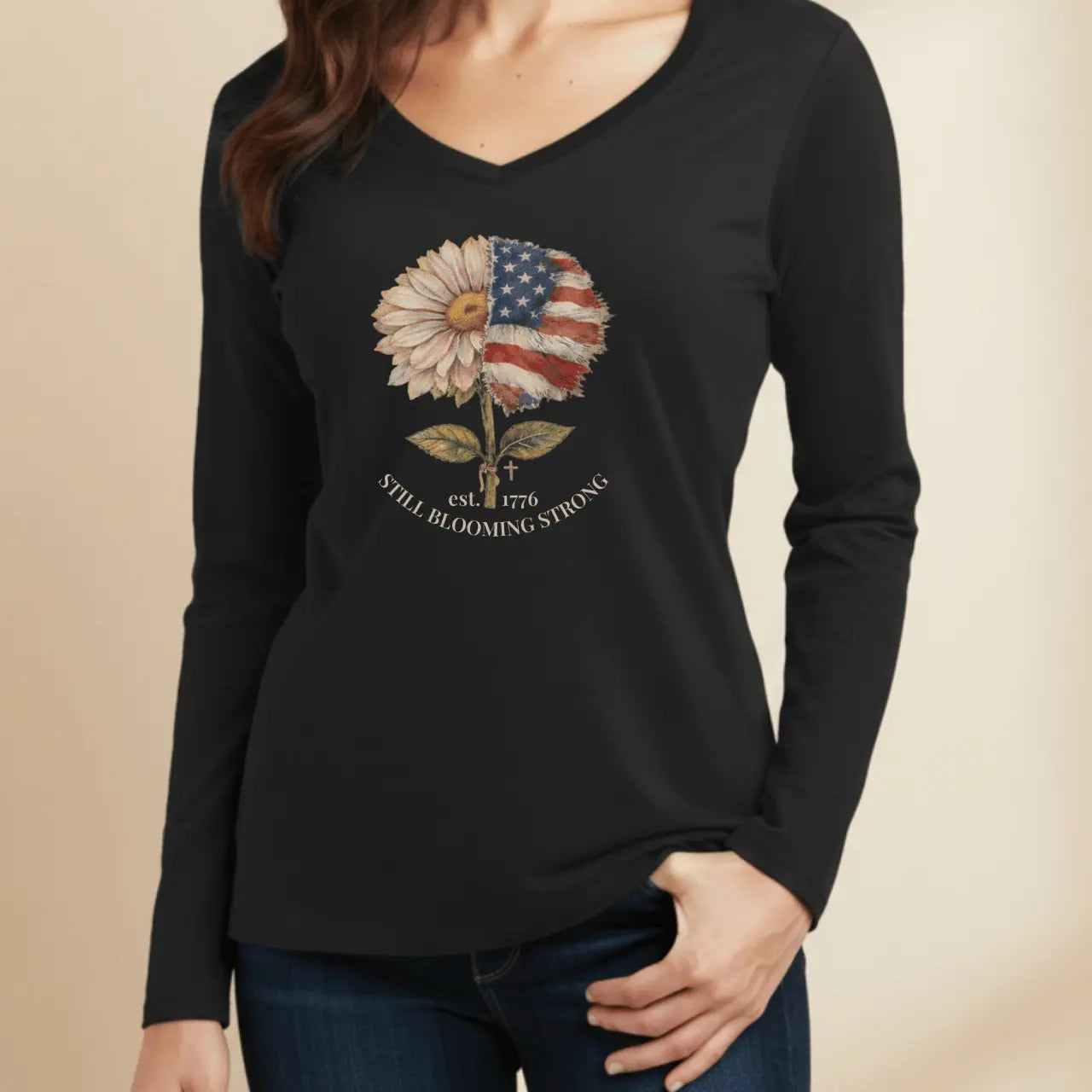 Still Blooming Strong 1776 Women’s Long Sleeve V-Neck Tee Goshen & Selah Co