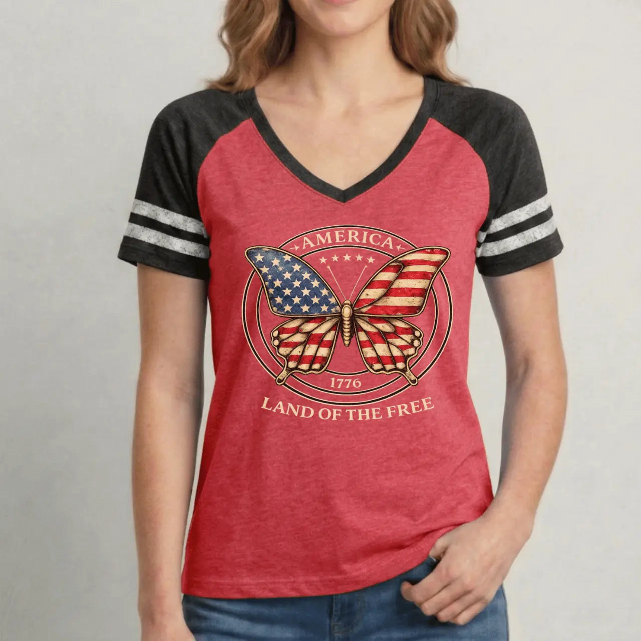 America 1776 Land of the Free Women’s Game V-Neck Tee Goshen & Selah Co