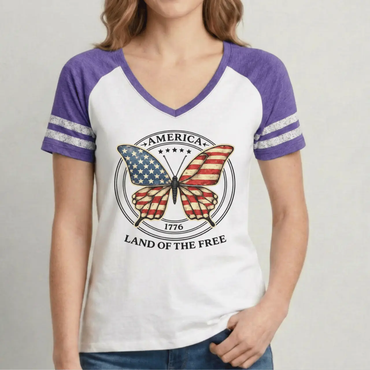 America 1776 Land of the Free Women’s Game V-Neck Tee Goshen & Selah Co