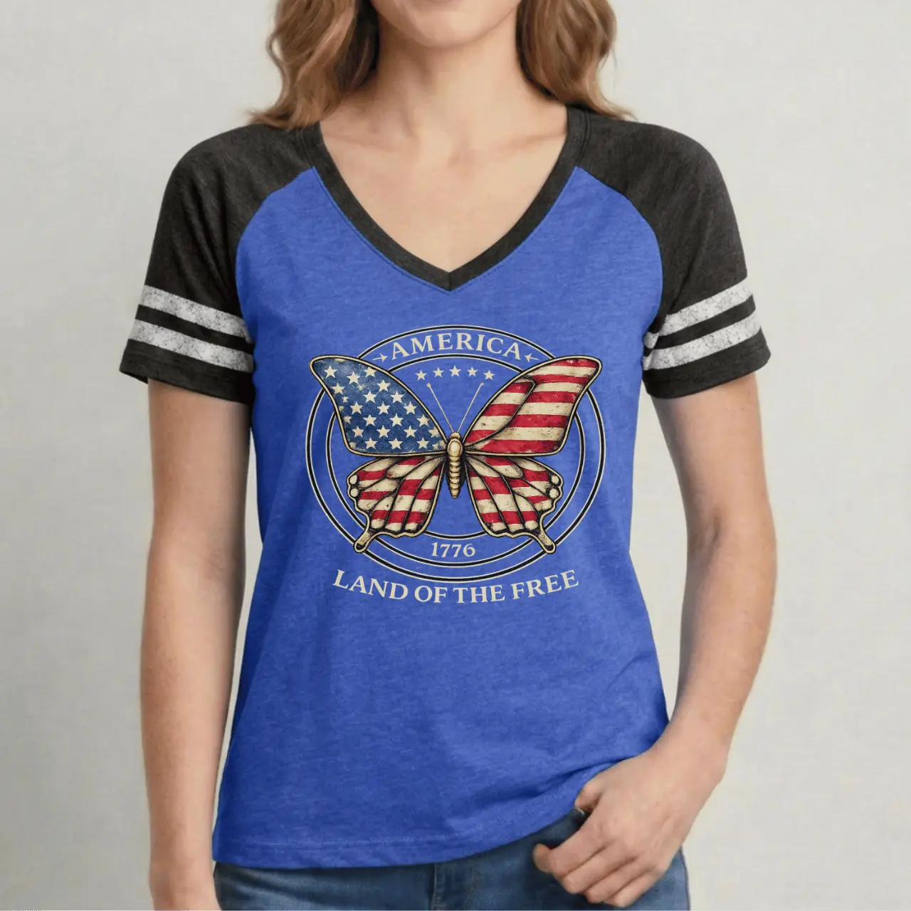 America 1776 Land of the Free Women’s Game V-Neck Tee Goshen & Selah Co