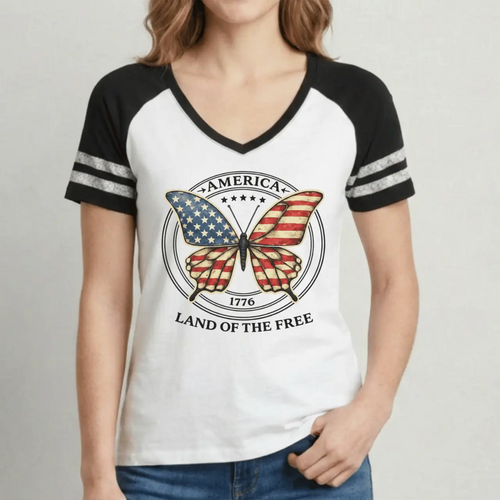 America 1776 Land of the Free Women’s Game V-Neck Tee Goshen & Selah Co
