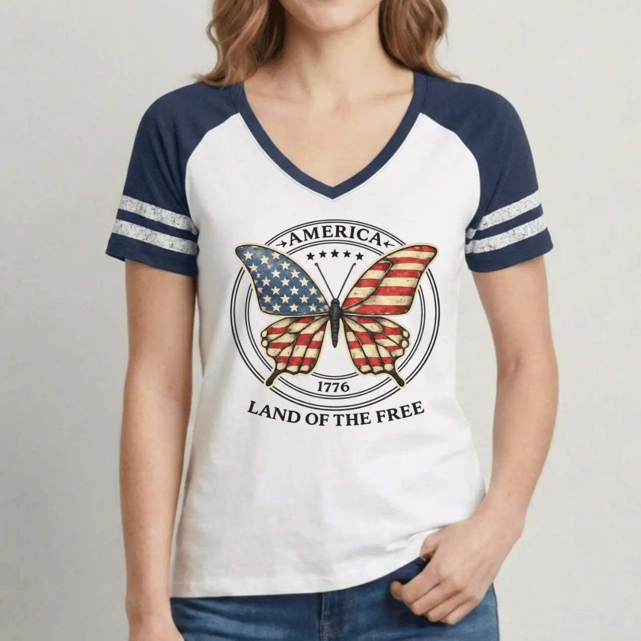 America 1776 Land of the Free Women’s Game V-Neck Tee Goshen & Selah Co