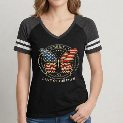 America 1776 Land of the Free Women’s Game V-Neck Tee Goshen & Selah Co