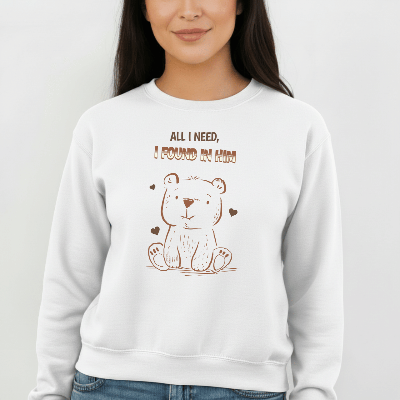 All I Need I Found in Him Sweatshirt | Christian Women’s Gift | Faith Love Crewneck | Cute Bear Graphic | Gildan 18000 Unisex